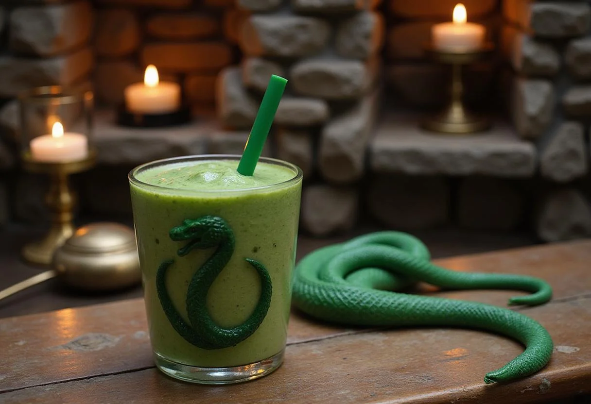 An immersive scene of Slytherin Serpent Smoothie on a wooden table in a Hogwarts-inspired setting, with stone walls and floating candles, highlighting the magical atmosphere of Harry Potter’s world.