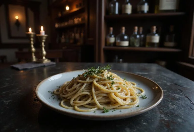 Close-up of Thestral's Invisible Pasta on a dark wooden table, illuminated by candlelight. The pasta looks nearly invisible with a slight shimmer, topped with enchanted herbs and served with a shimmering potion-filled goblet nearby, capturing the mysterious and magical mood of Harry Potter's world.