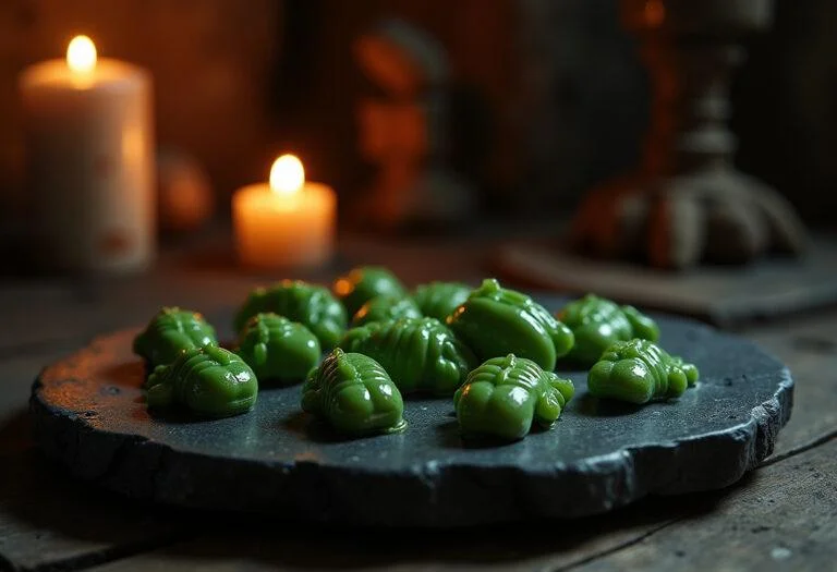 Realistic image of Voldemort's Basilisk Bites served on a dark stone platter in a magical kitchen inspired by Harry Potter. The snacks are small, green, snake-like treats with a shiny coating, surrounded by glowing magical artifacts and ambient candlelight.