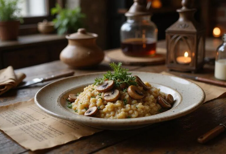 Hermione Granger's Magical Mushroom Risotto served on a plate in a Hogwarts-inspired kitchen setting. The creamy risotto is topped with herbs and mushrooms, with magical artifacts and vintage decor in the background, evoking the enchanted world of Harry Potter.