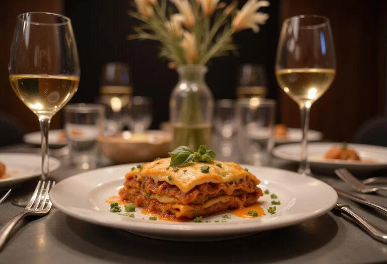 Close-up of Barney Stinson's Legendary Lasagna served on a plate against a backdrop of a stylish apartment inspired by 'How I Met Your Mother.' The dish shows perfectly baked layers of pasta, cheese, and sauce, with a golden-brown top and fresh herbs for garnish, creating an appetizing and realistic view of the TV show-inspired dinner.