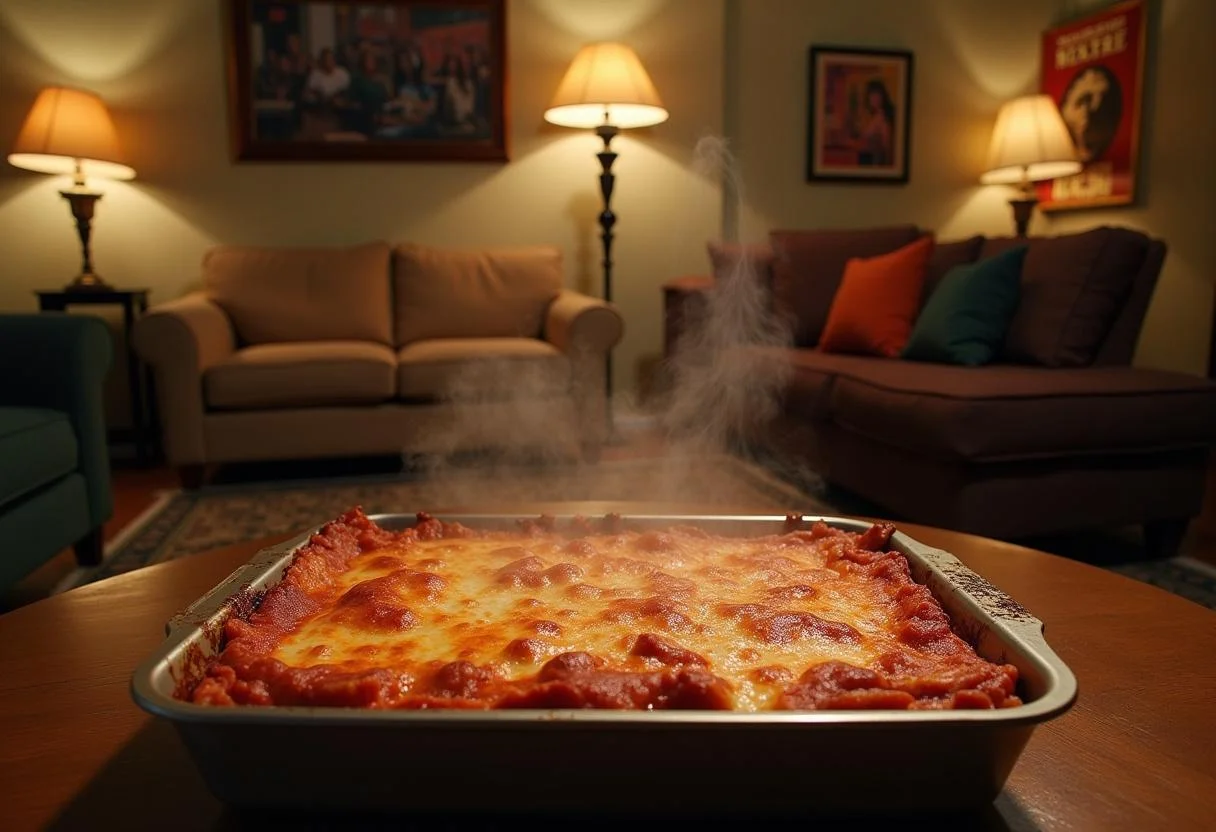 A dynamic scene inside a cozy New York apartment inspired by 'How I Met Your Mother,' showing a large tray of Barney Stinson's Legendary Lasagna steaming on a table. The background features recognizable decor and warm lighting, capturing the joyful and casual mood of a TV show gathering centered around a delicious homemade lasagna.