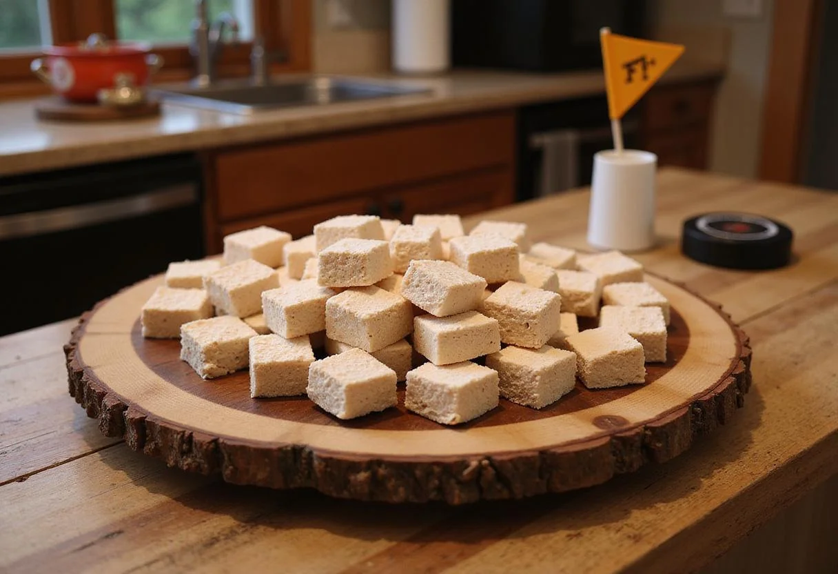 Close-up of Marshall Eriksen's Minnesota Marshmallow Treats served neatly on a wooden platter, displayed in a cozy kitchen with retro Minnesota decor, capturing a homely and inviting vibe inspired by How I Met Your Mother.