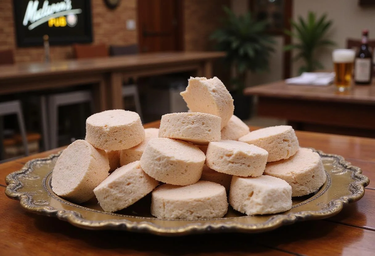 Scene showing Marshall Eriksen's marshmallow treats on a tray, placed on a table inside MacLaren's Pub, with walls decorated in vintage pub style and dim, warm lighting, capturing the spirit of How I Met Your Mother.