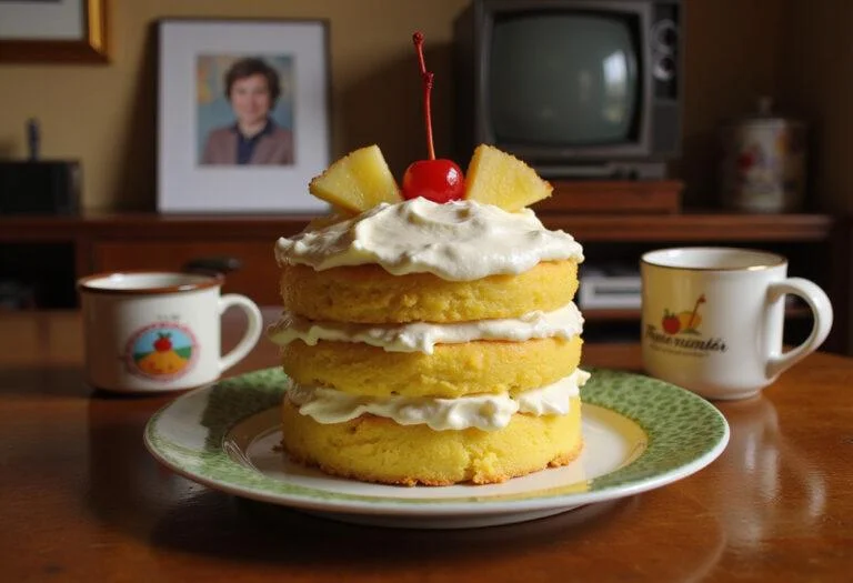 A detailed image of the Pineapple Incident Cake sitting on a wooden table in a living room reminiscent of How I Met Your Mother. The cake is layered with pineapple fillings, topped with frosting and pineapple slices, and decorated with a cherry, with background elements like TV guides, retro posters, and coffee cups establishing a TV show-themed atmosphere.