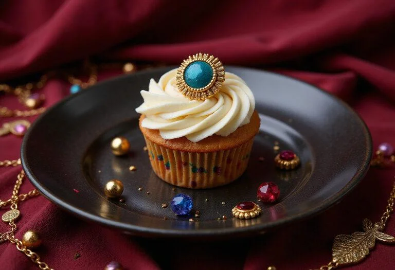 A realistic image of a Capitol Couture cupcake decorated with bold, colorful icing and intricate edible accessories, set on a luxurious plate with a themed backdrop inspired by Hunger Games Capitol fashion. The scene highlights dystopian elegance and fashion-forward dessert design.