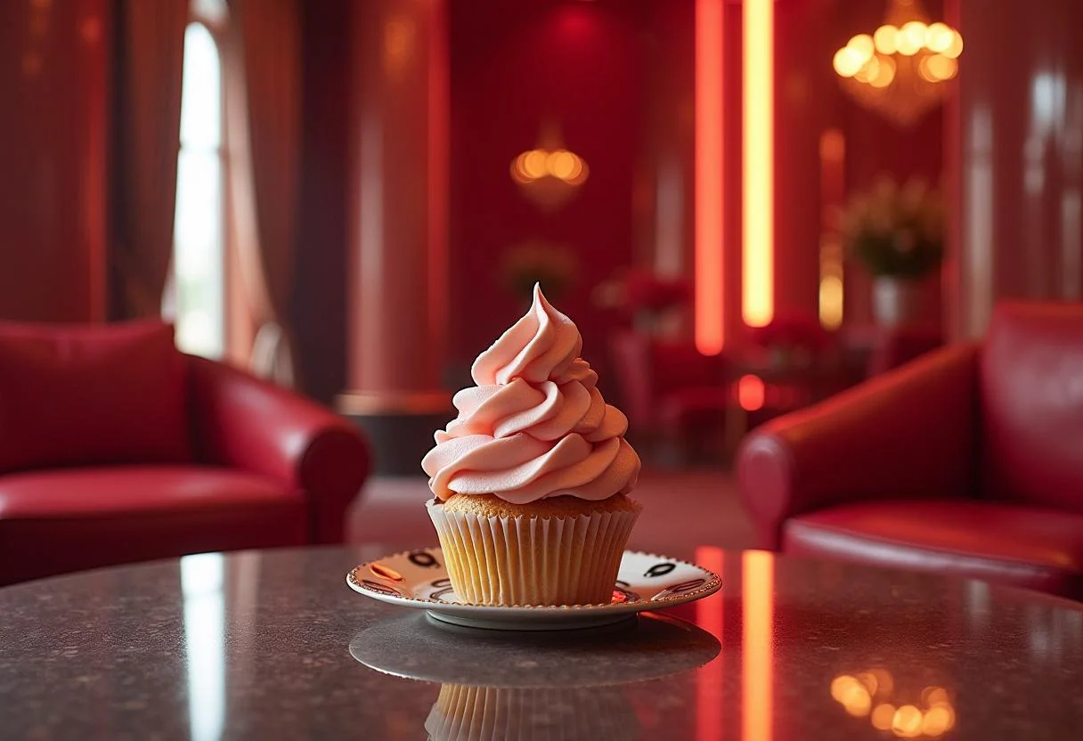 An immersive scene of the Hunger Games Capitol setting with a focus on a luxuriously decorated cupcake on a glossy surface, surrounded by glamorous, futuristic interior elements that reflect Capitol fashion and style, creating a vivid dystopian atmosphere.