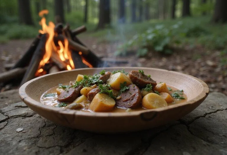 A realistic image of District 12 Foragers' Stew served in a rustic bowl on a wooden table, set outdoors near a campfire with trees in the background, showcasing a hearty, rustic meal from the Hunger Games district, filled with root vegetables and wild herbs, conveying a survivalist, outdoor ambiance.