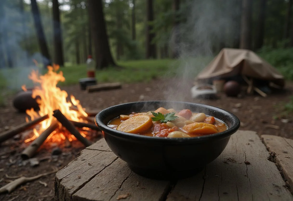 A realistic scene of steaming District 12 Foragers' Stew in a rustic bowl on a wooden table near a campfire, in a forest surroundings, representing survival food from the Hunger Games district, emphasizing outdoor wilderness and rustic living.