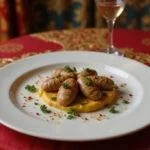 Close-up of vegetarian mushroom escargot served on an ornate plate, garnished with fresh herbs and vibrant spices, in a lavish Capitol-style dining room with rich, colorful decorations inspired by Hunger Games.