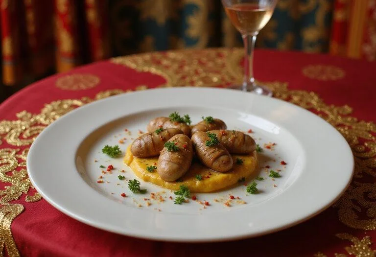 Close-up of vegetarian mushroom escargot served on an ornate plate, garnished with fresh herbs and vibrant spices, in a lavish Capitol-style dining room with rich, colorful decorations inspired by Hunger Games.