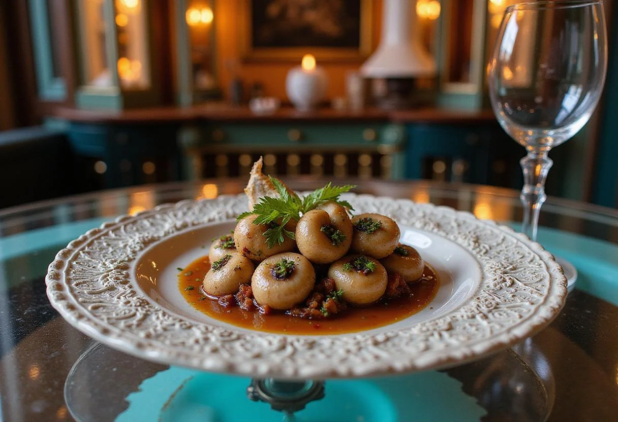 An elegant scene showing vegetarian mushroom escargot on a glass table surrounded by colorful, luxurious decorations inspired by Hunger Games, with a festive atmosphere conveying Effie Trinket’s signature flamboyance.