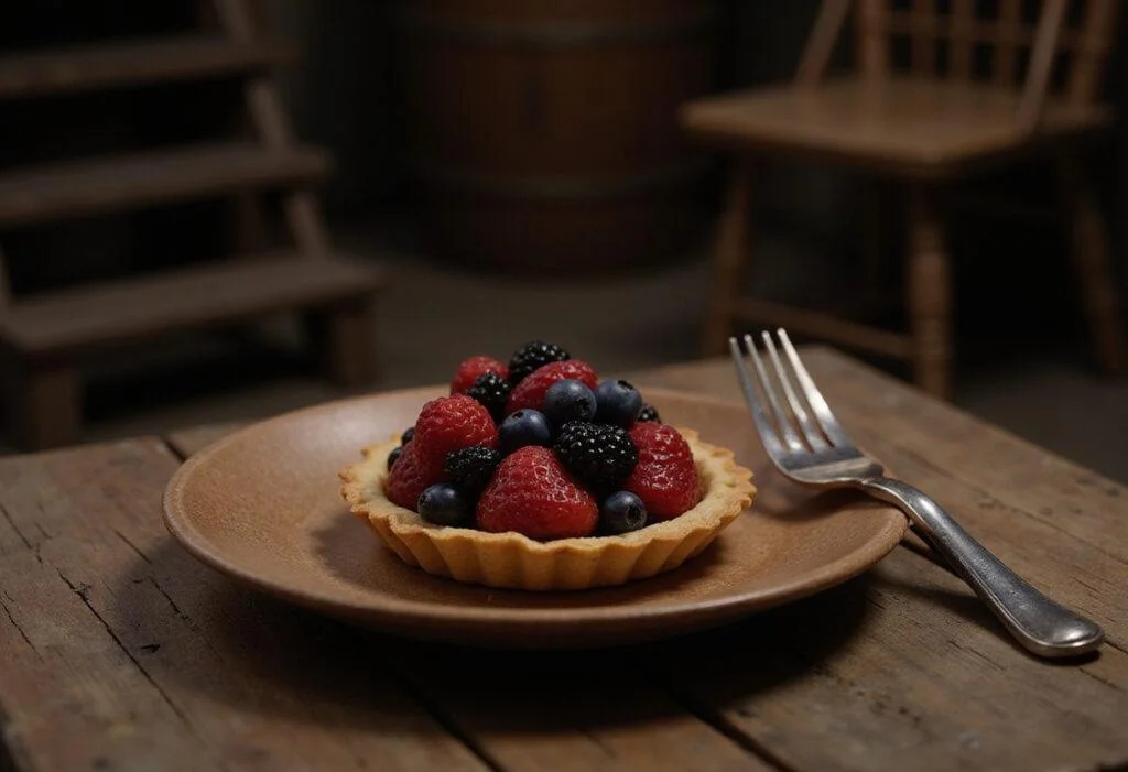Finished Katniss's Everdeen Berry Tart with fresh berries and a flaky crust, presented on a wooden table in a Hunger Games-inspired environment, highlighting a dystopian yet delicate food presentation.