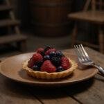 Finished Katniss's Everdeen Berry Tart with fresh berries and a flaky crust, presented on a wooden table in a Hunger Games-inspired environment, highlighting a dystopian yet delicate food presentation.
