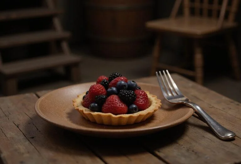 Finished Katniss's Everdeen Berry Tart with fresh berries and a flaky crust, presented on a wooden table in a Hunger Games-inspired environment, highlighting a dystopian yet delicate food presentation.