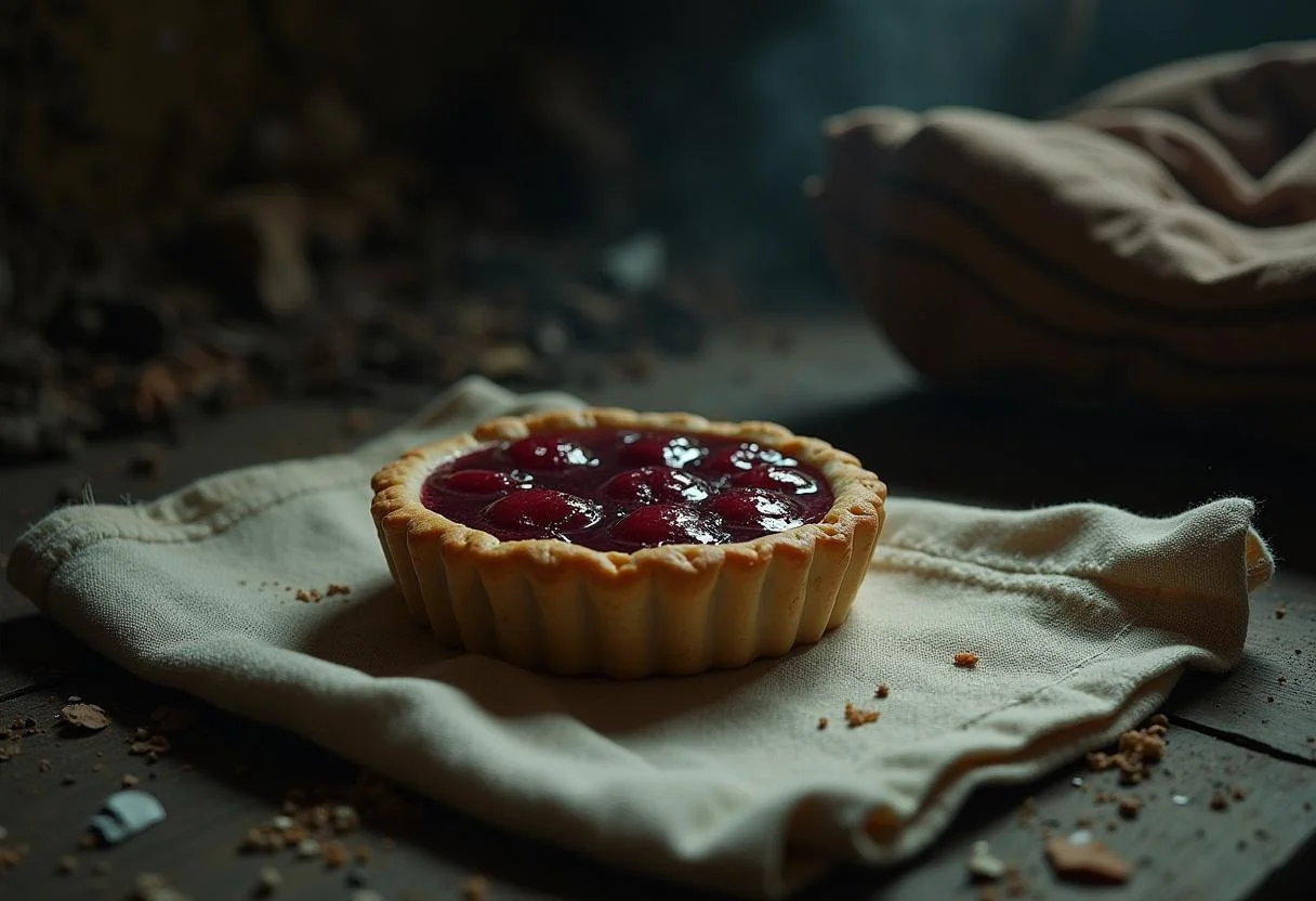 Dystopian setting showing a berry tart on cloth, surrounded by rugged surroundings and makeshift supplies, capturing the mood of survival in The Hunger Games universe.