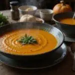 A realistic image of a steaming bowl of Panem Pumpkin Patch Soup on a rustic wooden table, topped with herbs, in a setting reminiscent of District 12 from Hunger Games, highlighting simple, dystopian food presentation.
