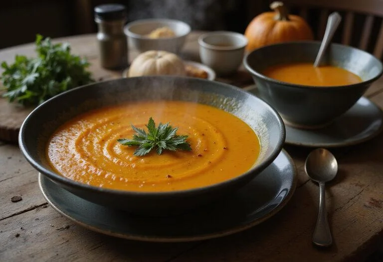 A realistic image of a steaming bowl of Panem Pumpkin Patch Soup on a rustic wooden table, topped with herbs, in a setting reminiscent of District 12 from Hunger Games, highlighting simple, dystopian food presentation.