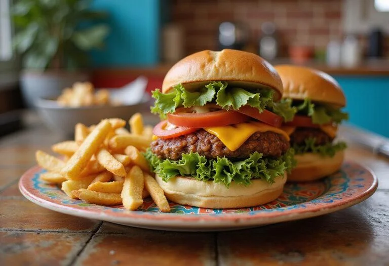 A realistic image of Jenny from the Block Jennifer Lopez's Bronx-Style Bean Burgers served on a colorful plate in a cozy kitchen. The burger features a crispy bean patty with fresh lettuce, tomato, and melted cheese, accompanied by crispy fries. The scene emphasizes a lively, home-cooked vibe with warm lighting and rustic details.