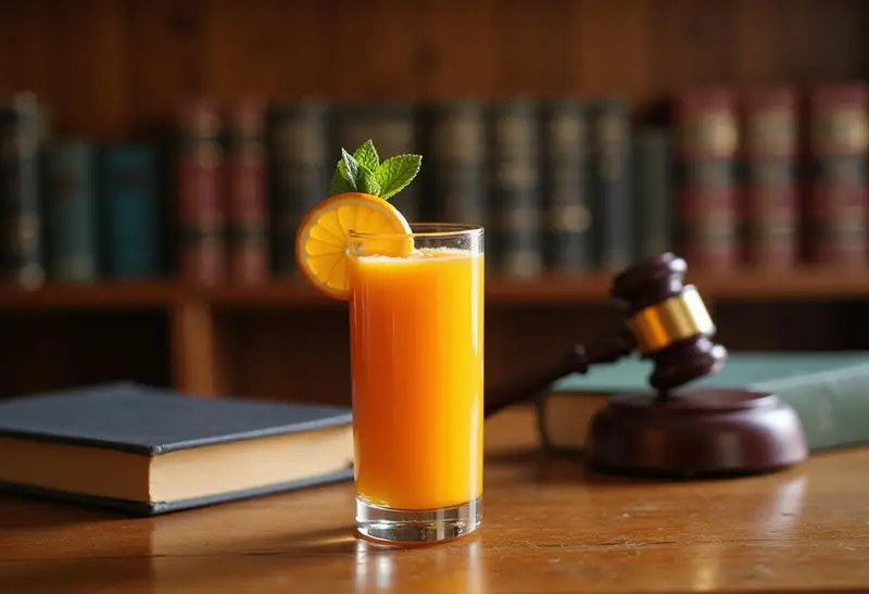 A detailed image of Justice Juice in a clear glass, garnished with orange slices and mint, set on a courtroom desk with legal books and a gavel, reminiscent of the Justice Department from Just Mercy, with warm natural lighting highlighting the drink's bright color.