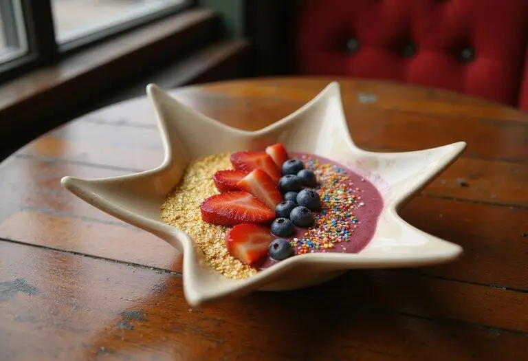 A vibrant star-shaped smoothie bowl topped with fresh fruit, edible gold flakes, and sprinkles on a wooden table with Hollywood-inspired decor, evoking the romantic and dreamy ambiance of La La Land. Perfectly styled as a movie-inspired breakfast scene.