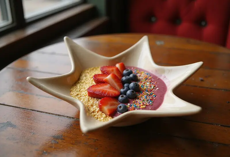 A vibrant star-shaped smoothie bowl topped with fresh fruit, edible gold flakes, and sprinkles on a wooden table with Hollywood-inspired decor, evoking the romantic and dreamy ambiance of La La Land. Perfectly styled as a movie-inspired breakfast scene.
