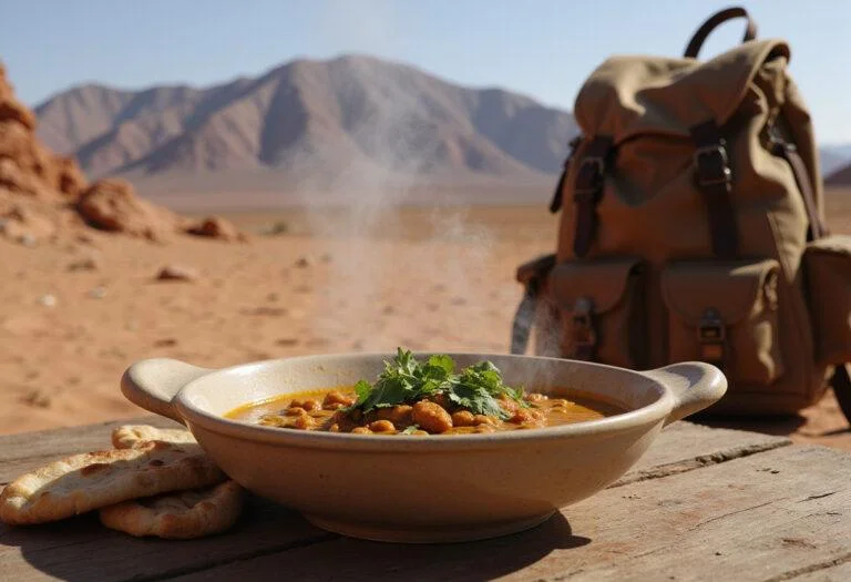 A detailed photo of Lara Croft Angelina Jolie's Adventure Lentil Curry served in a rustic bowl, garnished with herbs, on a wooden table near a campfire in a desert landscape, with desert mountains and adventure gear around.