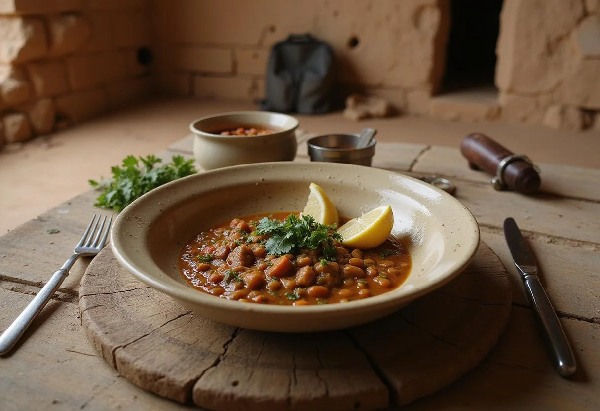 A realistic image of lentil curry with herbs and lemon wedges served in a rustic bowl, placed on a weathered wooden table amidst desert ruins and exploration tools, reflecting a scene from Lara Croft's adventure journey.