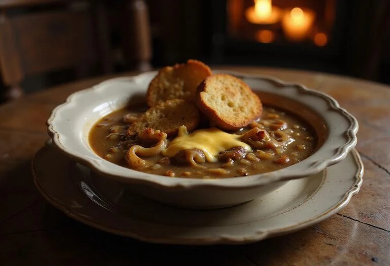 A realistic scene of a bowl of French Onion Soup with melted cheese and toasted bread croutons, served in a vintage-style kitchen setting inspired by Les Misérables, reflecting the somber and hopeful tone of the story.