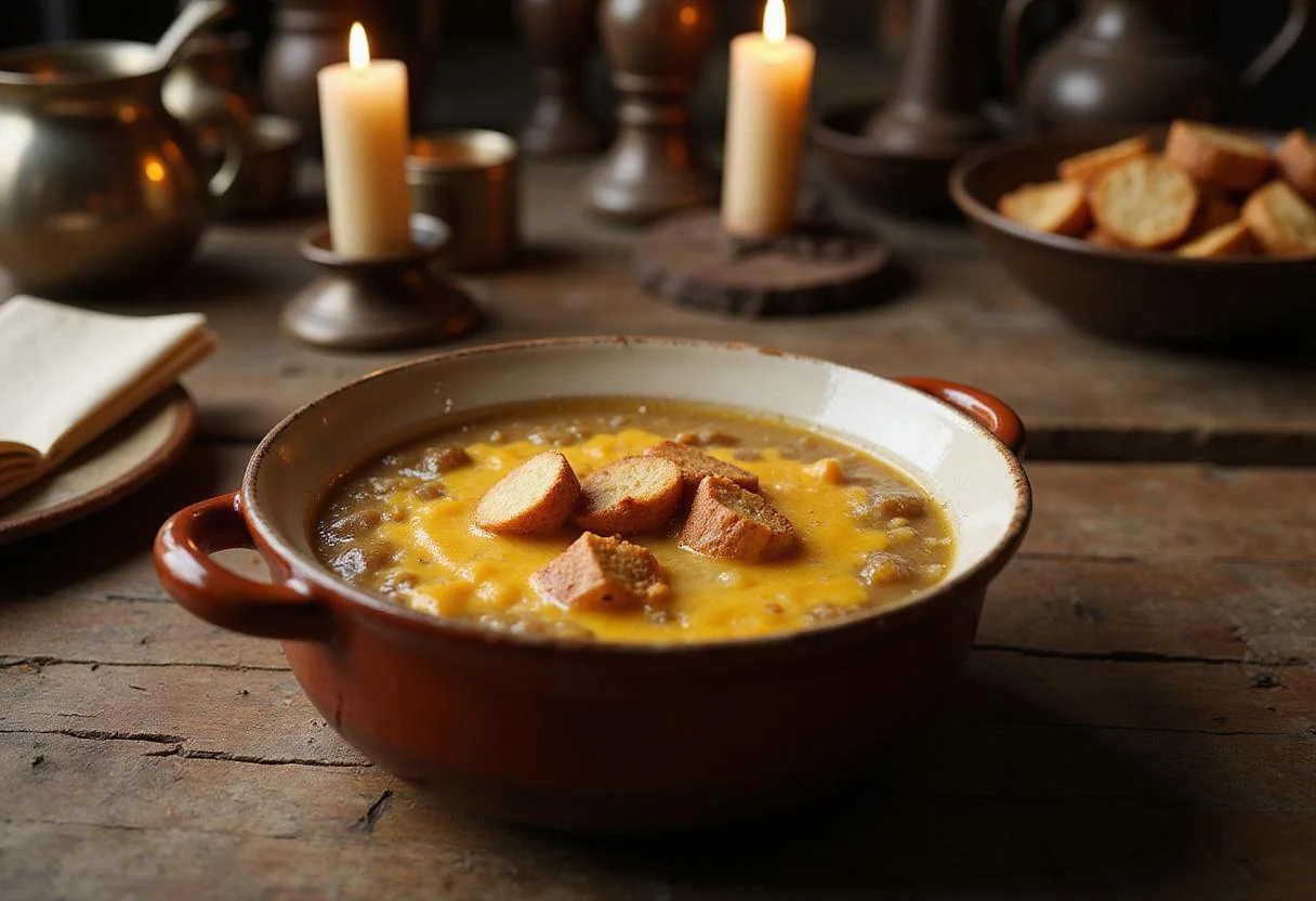 A scene showing a bowl of French Onion Soup with melted cheese and croutons on a wooden table, set in a vintage Parisian kitchen environment inspired by Les Misérables, emphasizing a rustic and historical atmosphere.