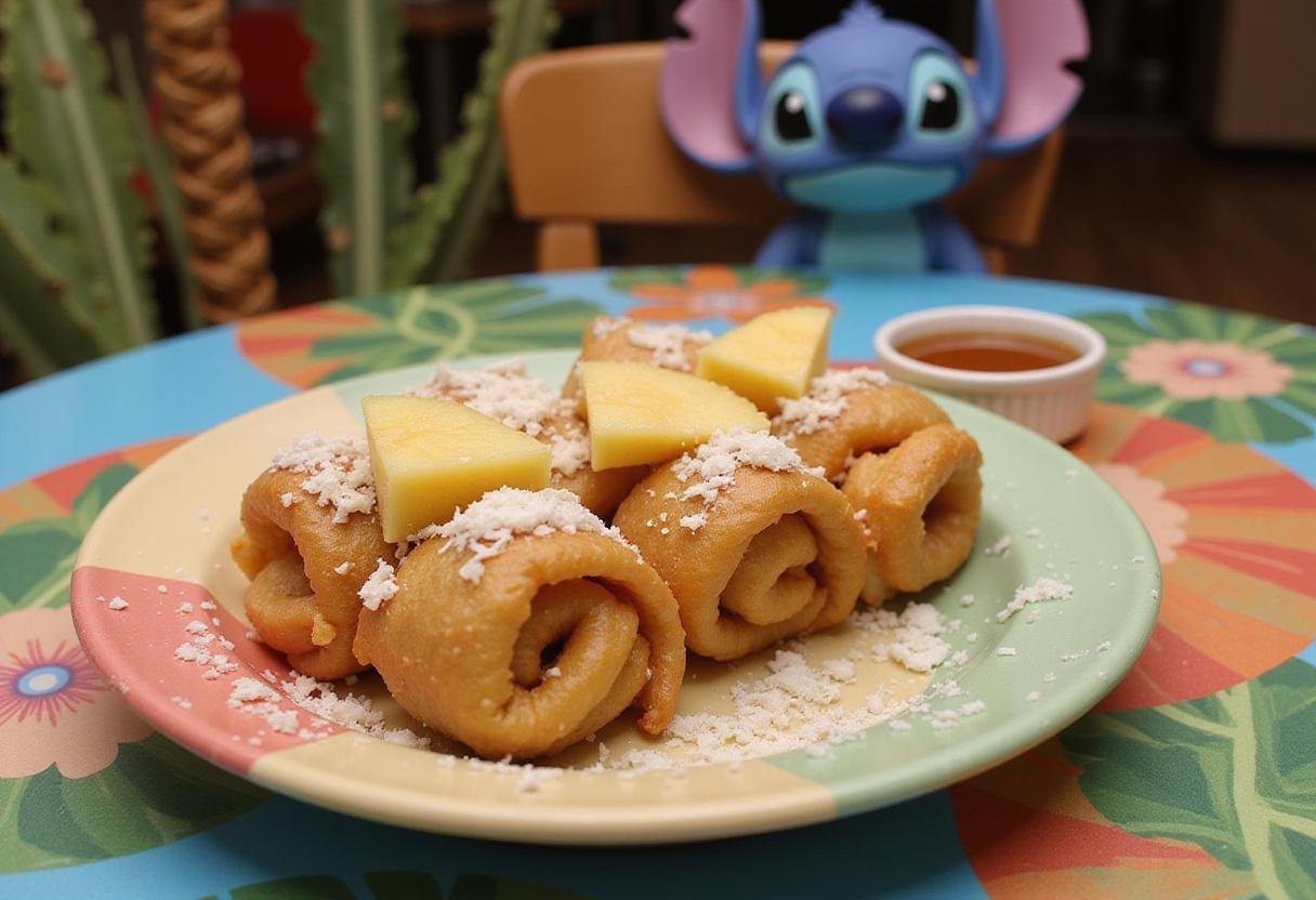 Close-up of the finished Hawaiian Rolls inspired by Lilo and Stitch, placed in a tropical kitchen setting with floral patterns and Hawaiian-themed decorations, highlighting the fluffy, golden rolls with pineapple and coconut toppings.
