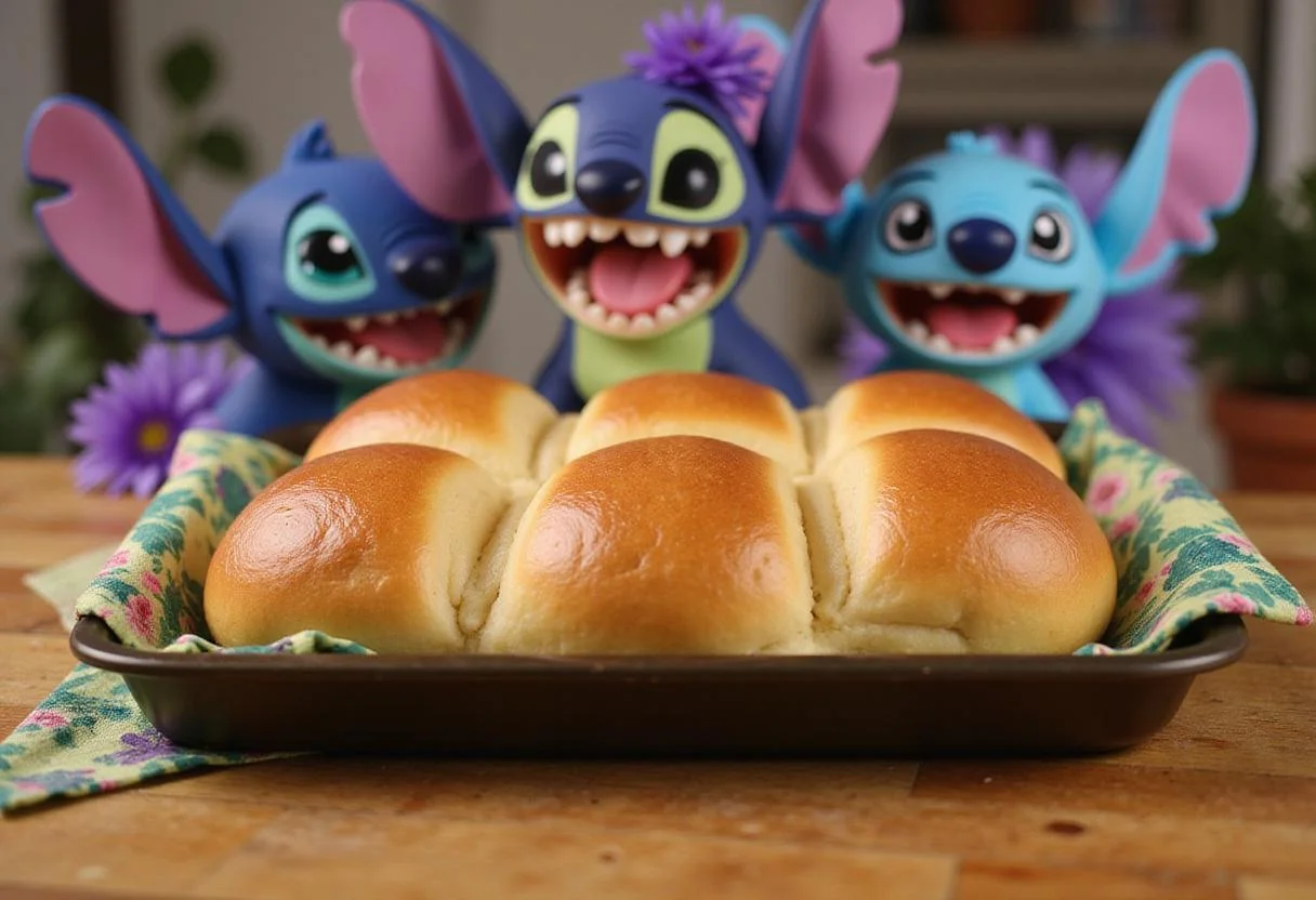 A vibrant, island-inspired kitchen with a tray of warm Hawaiian Rolls in the foreground, surrounded by tropical flowers and plush Stitch and Lilo plush toys, creating a playful and immersive scene from the Disney movie.