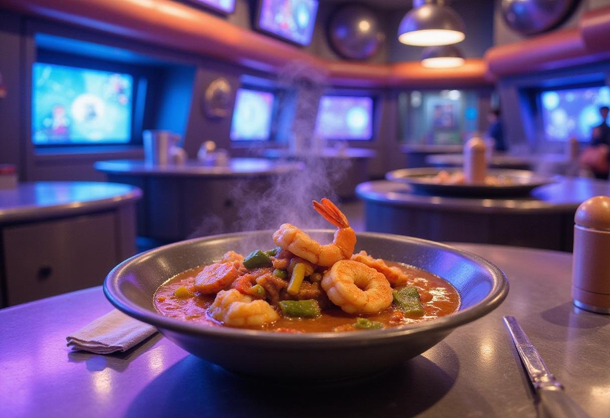 Close-up of Jumba's Galactic Gumbo in a deep bowl, showing chunks of shrimp, vegetables, and savory broth. The background reveals a high-tech kitchen with metallic surfaces and floating holograms, capturing the playful and alien theme of 'Lilo & Stitch'.