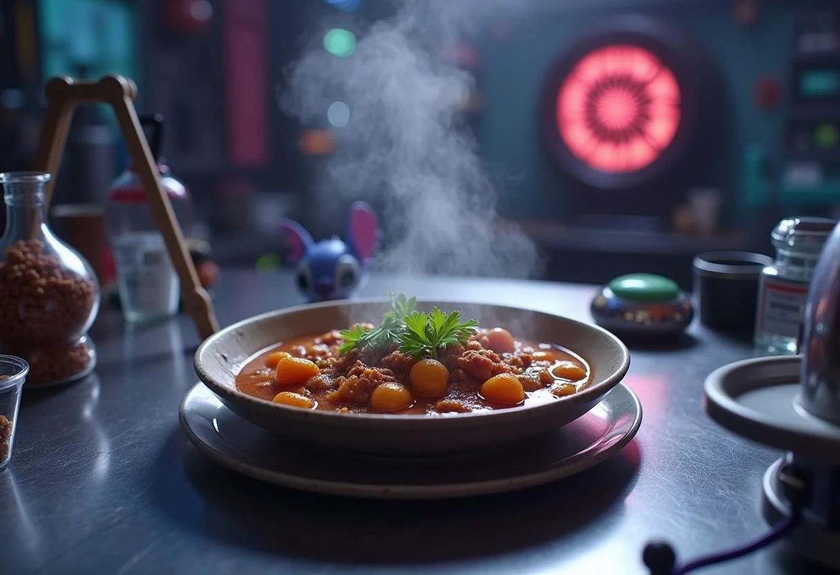 Scene of Jumba's gumbo prepared and ready on a metallic table in his laboratory, featuring a steaming bowl amidst futuristic scientific tools, highlighting the sci-fi theme of 'Lilo & Stitch'.
