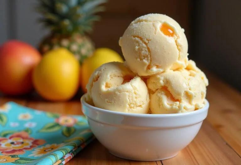 A bowl of Nani's Nectarine Nice Cream on a wooden counter with tropical fruits and a Disney-themed napkin, showcasing a healthy, creamy dessert inspired by Lilo and Stitch.
