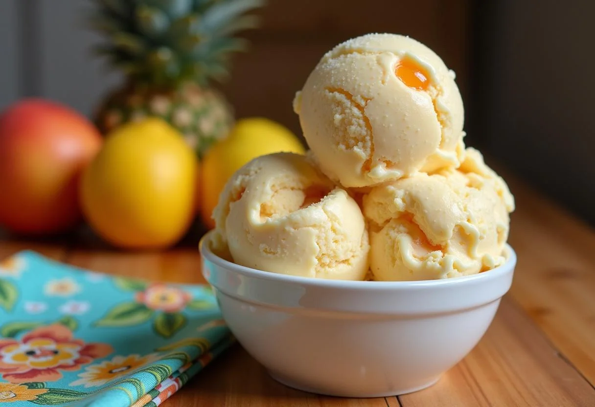 A bowl of Nani's Nectarine Nice Cream on a wooden counter with tropical fruits and a Disney-themed napkin, showcasing a healthy, creamy dessert inspired by Lilo and Stitch.