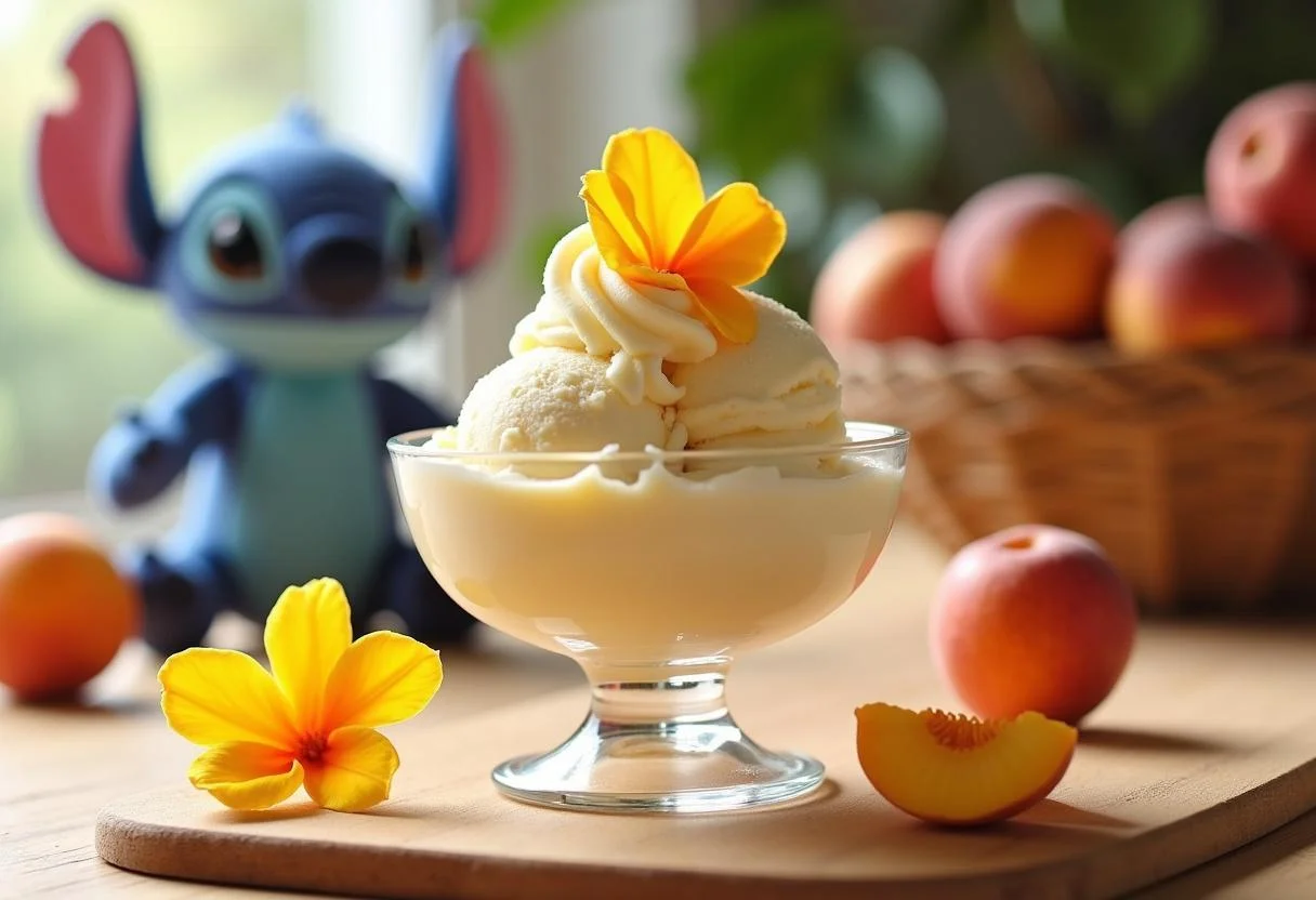 A glass bowl of Nani's Nectarine Nice Cream garnished with nectarine slices, set in a cozy Hawaiian setting with tropical flowers and a Lilo and Stitch plush toy, capturing a scene from Lilo and Stitch.