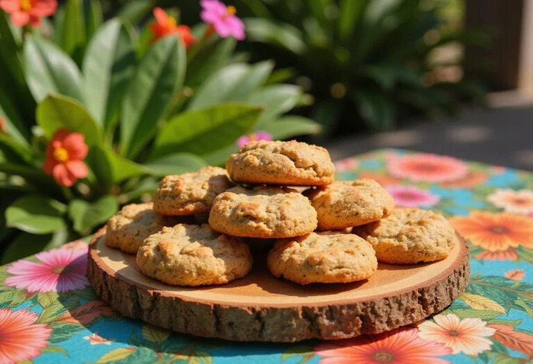 Plate of Disney-inspired Lilo and Stitch Ohana Outrigger Oatmeal Cookies set on a tropical picnic table with Hawaiian decorations, highlighting the warm, homemade cookies in a lush, island-themed environment.
