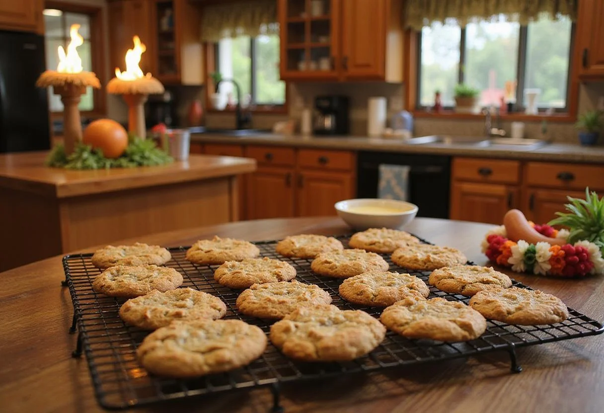 Freshly baked Lilo and Stitch themed oatmeal cookies cooling in a vibrant, Hawaiian-inspired kitchen setting, capturing the tropical island mood and fun, family atmosphere.