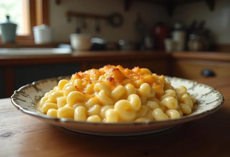 A realistic image of a bowl of creamy macaroni and cheese with melted golden cheese on top, served on a vintage plate in a cozy, rustic kitchen setting inspired by Little Women. The scene shows warm natural lighting and a homey atmosphere.