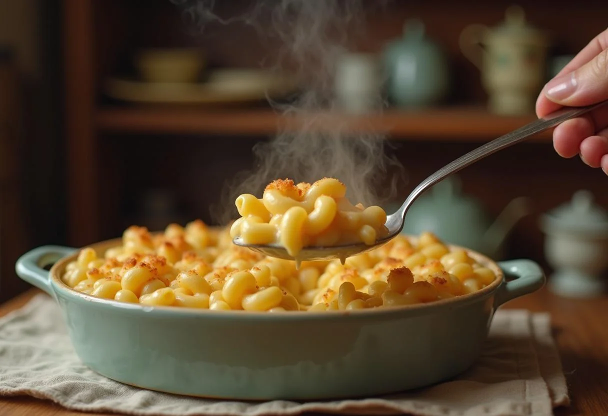 A detailed close-up of macaroni and cheese in a vintage kitchen setting, with a spoonful ready to serve, highlighting the creamy texture and melted cheese, evoking a warm, historical atmosphere from Little Women.