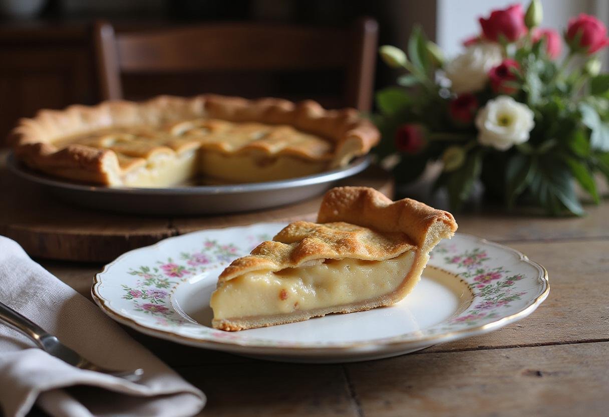 Close-up of Jennifer Lopez's elegant empire apple pie slice, showcasing flaky crust and caramelized apple filling, served on a vintage plate with a cityscape window in the background inspired by Maid in Manhattan.