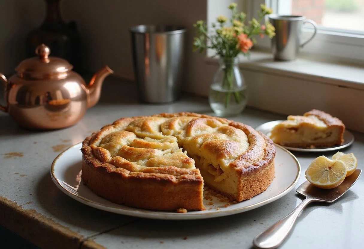 Whole empire apple pie and a serving slice on a kitchen counter, reflecting a cozy Manhattan apartment scene from Maid in Manhattan, with vintage decor and ambient daylight highlighting the pie's golden crust and warm filling.