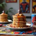 A realistic scene of Marvel Ant-Man Pym Particle Pancakes served as a superhero-themed breakfast, with stacked pancakes topped with syrup and Marvel decorations, set on a table decorated with comic book posters and superhero-themed tableware.