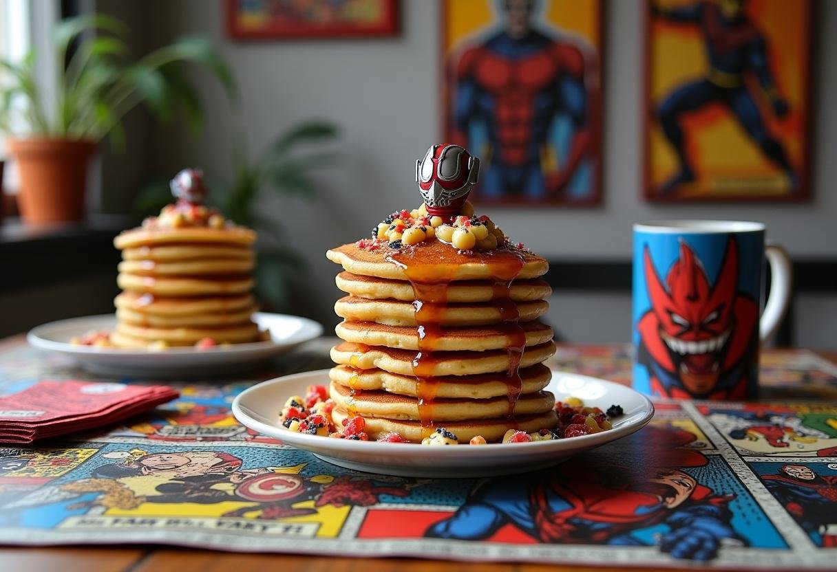 A realistic scene of Marvel Ant-Man Pym Particle Pancakes served as a superhero-themed breakfast, with stacked pancakes topped with syrup and Marvel decorations, set on a table decorated with comic book posters and superhero-themed tableware.