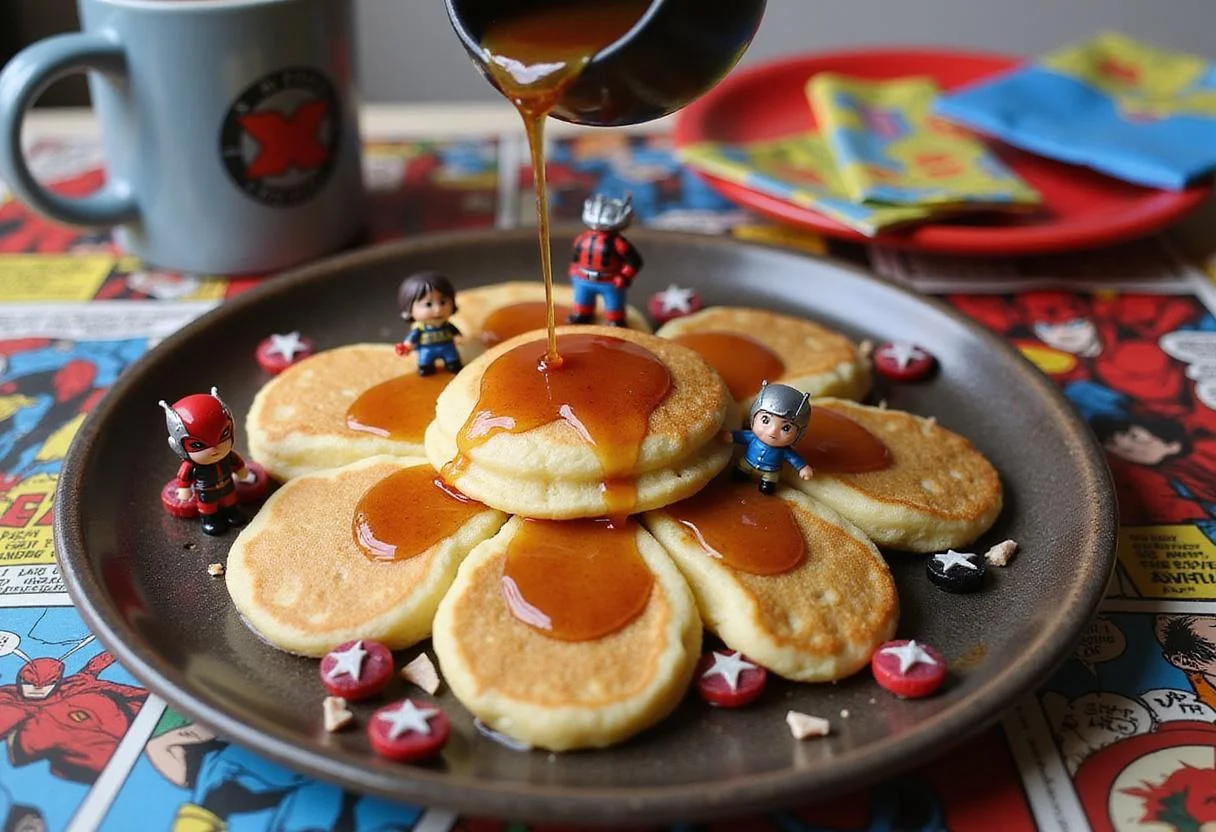 A realistic image of Marvel Ant-Man Pym Particle Pancakes presented on a breakfast plate, topped with syrup and Marvel-themed decorations, set in a Marvel comic-themed environment with toys and superhero accessories.