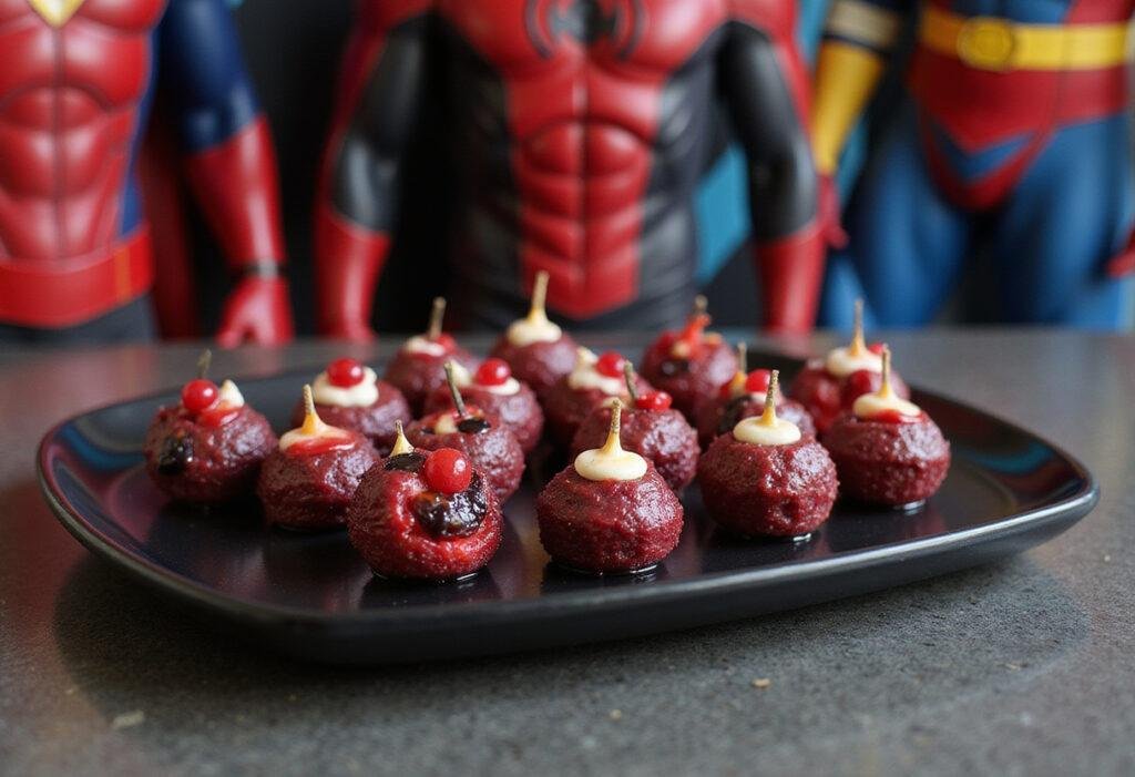 Close-up of Marvel Black Widow Berry Bites presented on a dark Marvel-themed tray, with colorful berries and glossy coating, set in a superhero-inspired kitchen environment, emphasizing a healthy, superhero snack vibe.