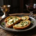 Close-up of Marvel Blade's Daywalker Garlic Bread plated beautifully on a dark, textured surface, emphasizing the crispy texture and rich garlic aroma, with sharp, gothic decor elements in the background symbolizing a vampire hunter's setting.