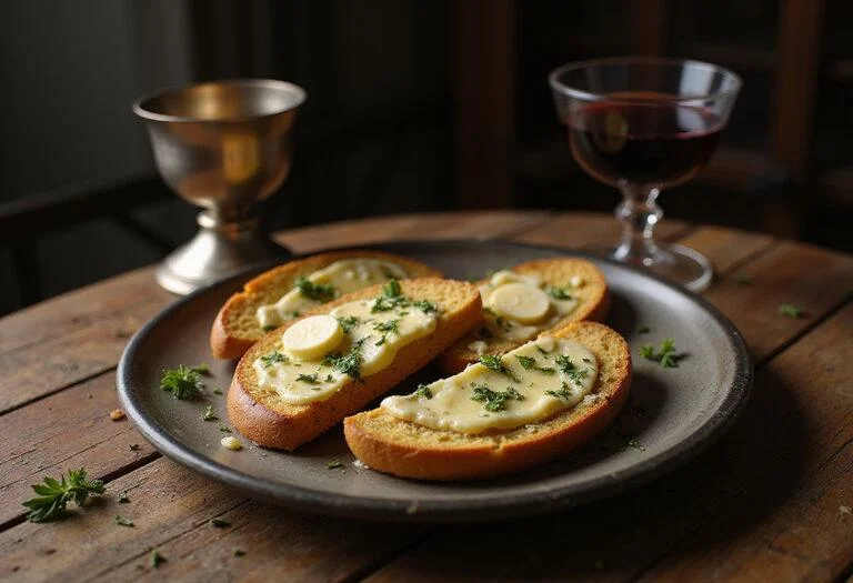 Close-up of Marvel Blade's Daywalker Garlic Bread plated beautifully on a dark, textured surface, emphasizing the crispy texture and rich garlic aroma, with sharp, gothic decor elements in the background symbolizing a vampire hunter's setting.