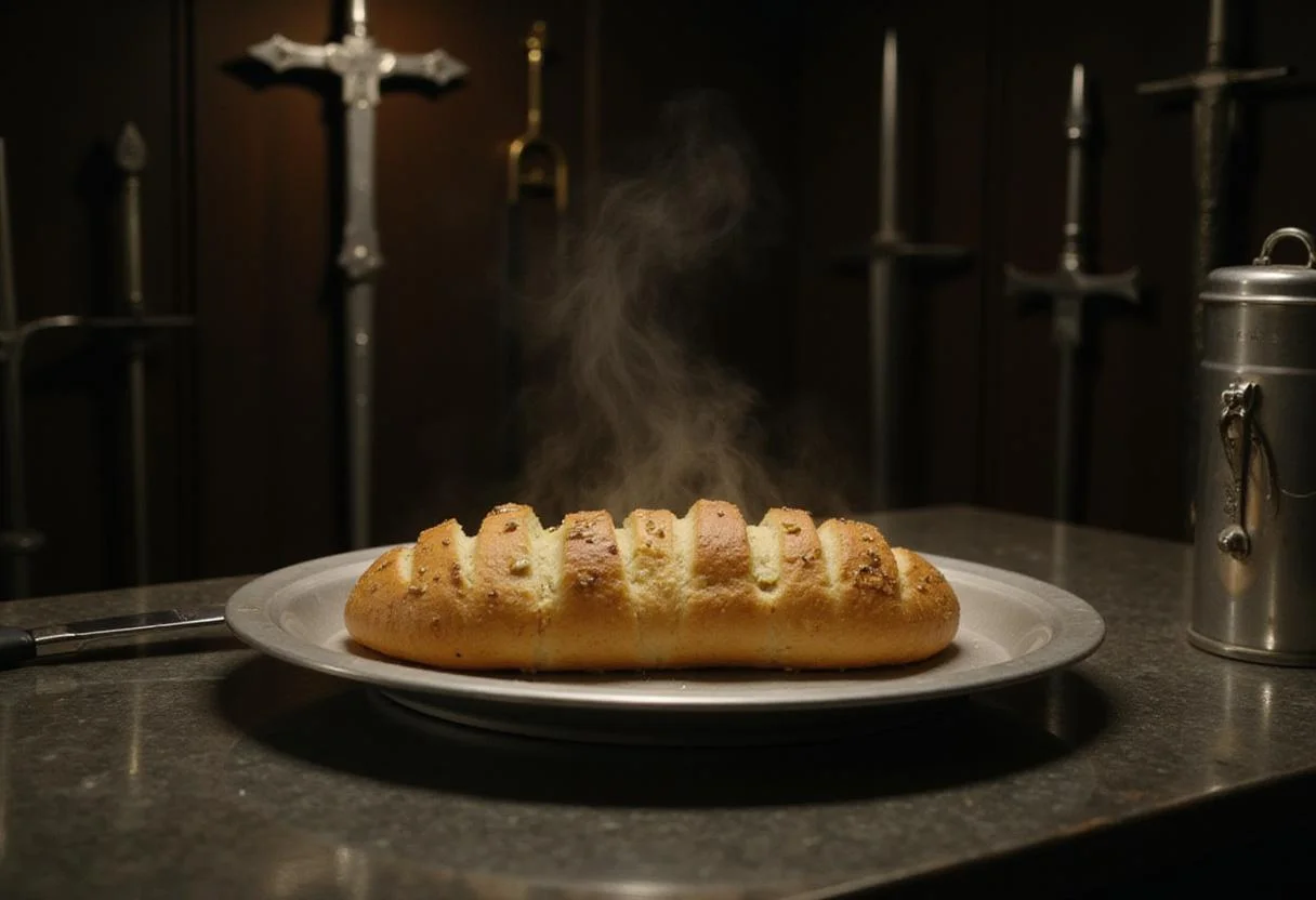 Immersive scene of Marvel Blade's Daywalker Garlic Bread resting on a tray in a vampire hunter’s lair, with weapons and mystical symbols framing the scene, conveying a sense of anticipation and readiness for battle.